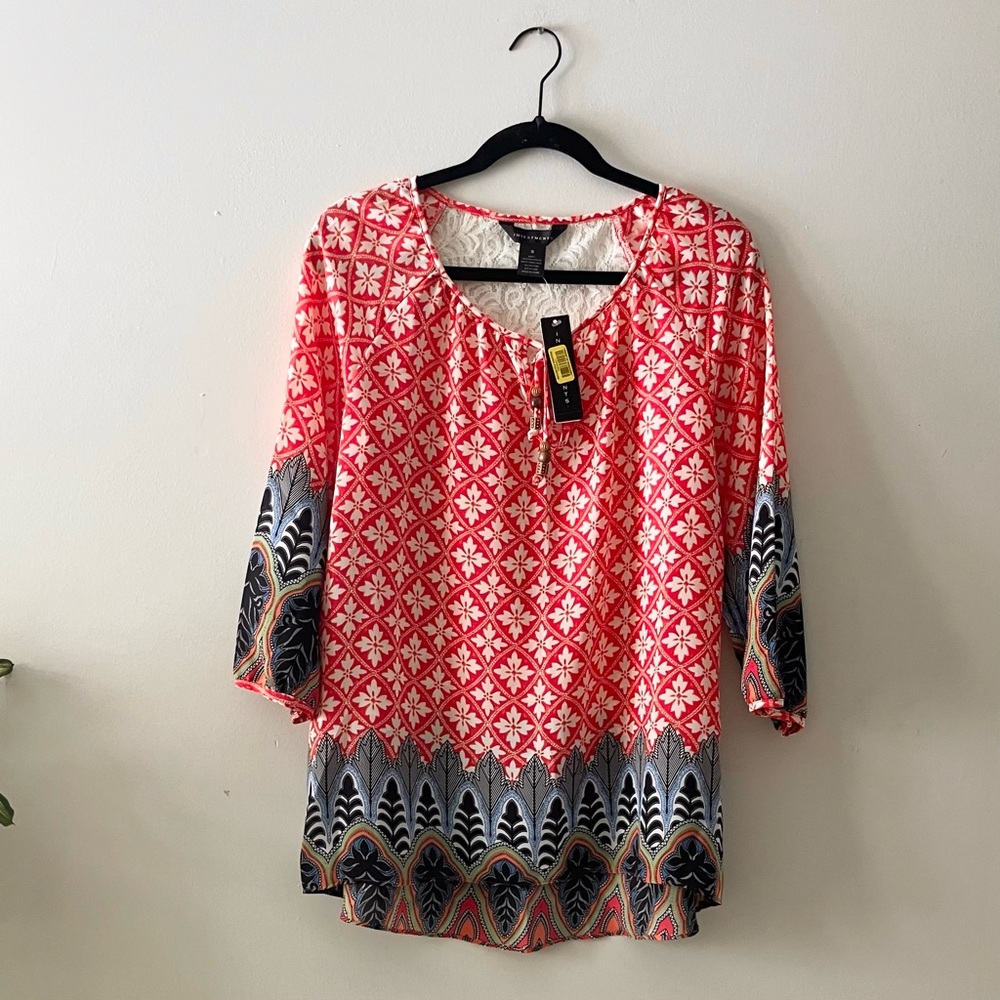 NWT Investments Orange Red Boho Print Lace Back Tunic Top Size S Casual Festival